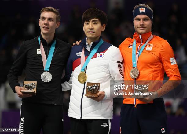 Silver medalist Bart Swings of Germany, gold medalist Seung-Hoon Lee of Korea and bronze medalist Koen Verweij of Netherlands celebrate during the...