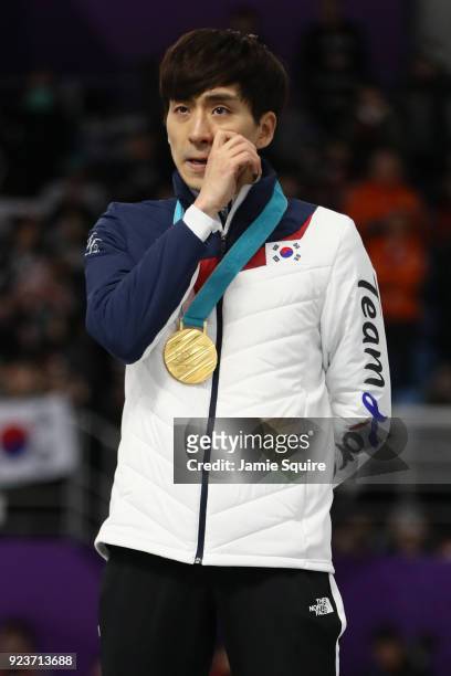 Gold medalist Seung-Hoon Lee of Korea reacts during the medal ceremony after the Men's Speed Skating Mass Start Final on day 15 of the PyeongChang...