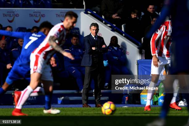 Claude Puel, Manager of Leicester City looks on during the Premier League match between Leicester City and Stoke City at The King Power Stadium on...