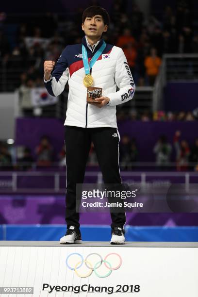 Gold medalist Seung-Hoon Lee of Korea celebrates during the medal ceremony after the Men's Speed Skating Mass Start Final on day 15 of the...