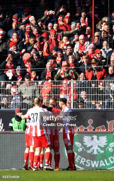 Toni Leistner, Steven Skrzybski, Simon Hedlund and Christopher Trimmel of 1 FC. Union Berlin celebrate after scoring the 1:0 during the second...