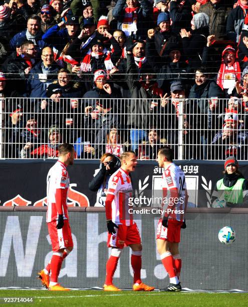 Marcel Hartel, Simon Hedlund and Steven Skrzybski of 1 FC Union Berlin celebrate after scoring the 1:0 during the second Bundesliga match between...