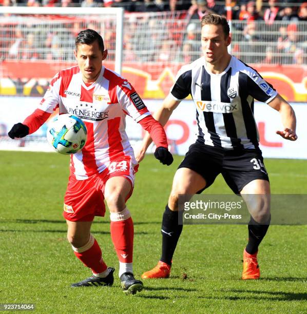 Steven Skrzybski of 1 FC Union Berlin and Tim Knipping of SV Sandhausen during the second Bundesliga match between Union Berlin and SV Sandhausen at...