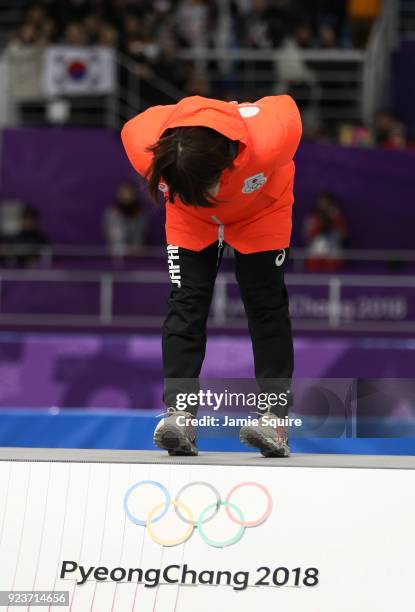 Gold medalist Nana Takagi of Japan celebrates during the medal ceremony after the Ladies' Speed Skating Mass Start Final on day 15 of the PyeongChang...