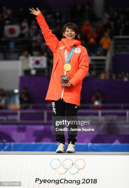Gold medalist Nana Takagi of Japan celebrates during the medal ceremony after the Ladies' Speed Skating Mass Start Final on day 15 of the PyeongChang...