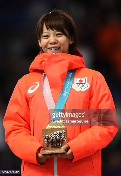 Gold medalist Nana Takagi of Japan celebrates during the medal ceremony after the Ladies' Speed Skating Mass Start Final on day 15 of the PyeongChang...