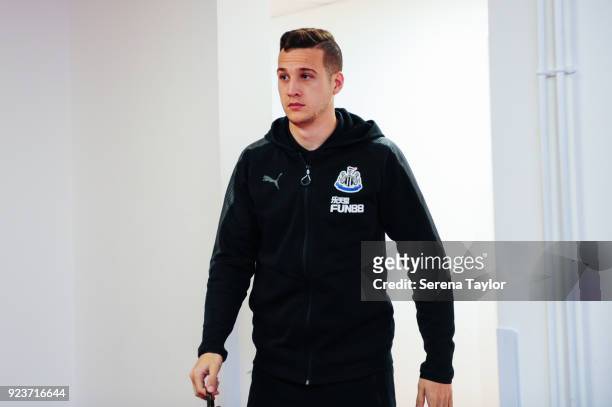 Javier Manquillo of Newcastle United arrives to the Vitality Stadium during the Premier League match between AFC Bournemouth and Newcastle United at...