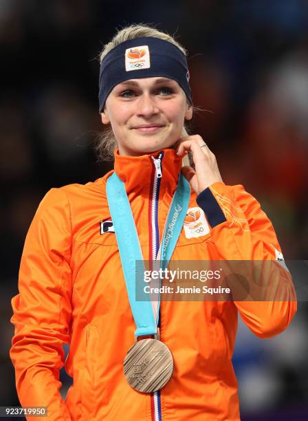 Bronze medalist Irene Schouten of Netherlands celebrates during the medal ceremony after the Ladies' Speed Skating Mass Start Final on day 15 of the...