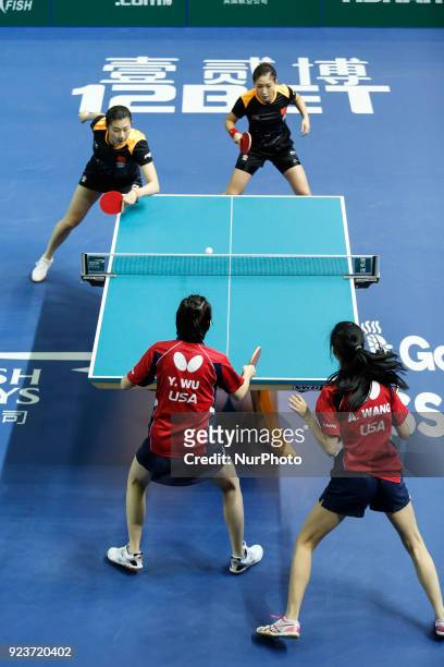 Shiwen LIU and Ning DING of China and Amy WANG and Yue WU of USA during ITTF Team World Cup match Shiwen LIU and Ning DING of China and Amy WANG and...