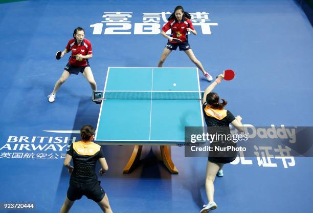 Shiwen LIU and Ning DING of China and Amy WANG and Yue WU of USA during ITTF Team World Cup match Shiwen LIU and Ning DING of China and Amy WANG and...