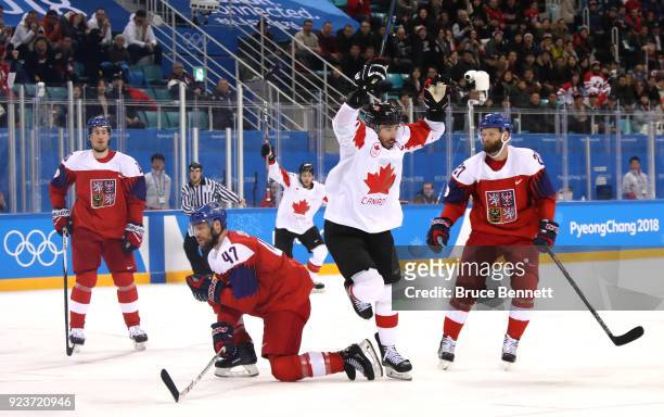 Chris Kelly of Canada celebrates after scoring in the third period against Czech Republic during the Men's Bronze Medal Game on day fifteen of the...