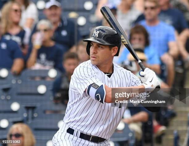 Jacoby Ellsbury of the New York Yankees bats during the Spring Training game against the Detroit Tigers at George M. Steinbrenner Field on February...