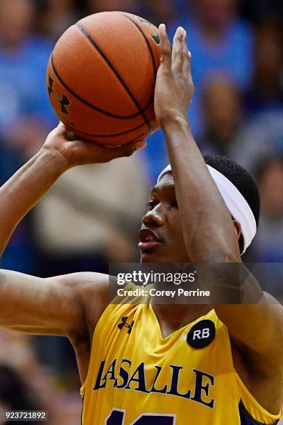 Isiah Deas of the La Salle Explorers shoots a free throw against the Rhode Island Rams during the second half at Tom Gola Arena on February 20, 2018...
