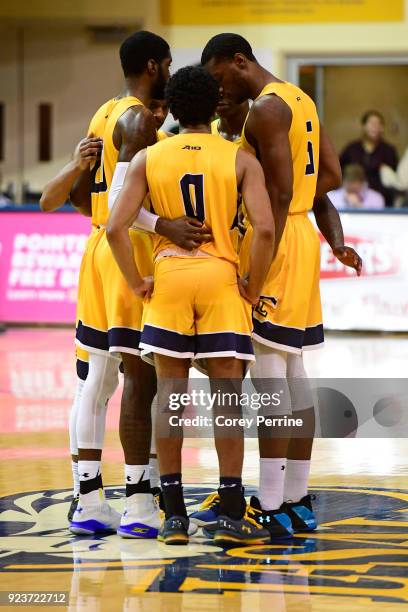 The La Salle Explorers huddles against the Rhode Island Rams during the second half at Tom Gola Arena on February 20, 2018 in Philadelphia,...