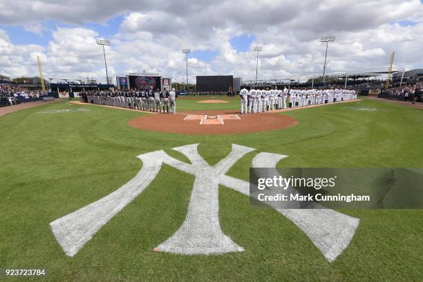 General view of George M. Steinbrenner Field as players and coaches from the Detroit Tigers and the New York Yankees line-up during the National...