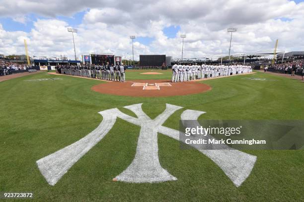 General view of George M. Steinbrenner Field as players and coaches from the Detroit Tigers and the New York Yankees line-up during the National...