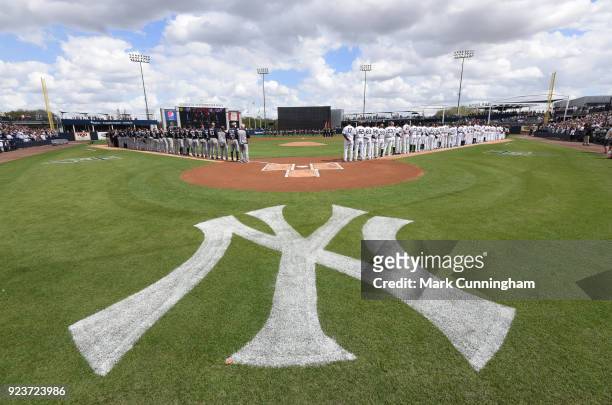 General view of George M. Steinbrenner Field as players and coaches from the Detroit Tigers and the New York Yankees line-up during the National...