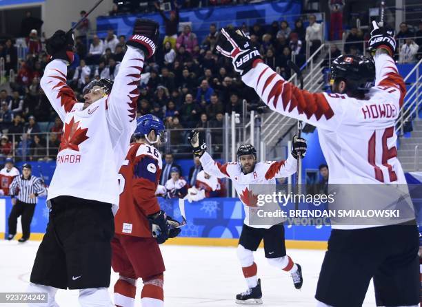 Canada's Wojciech Wolski celebrates a goal in the men's bronze medal ice hockey match between the Czech Republic and Canada during the Pyeongchang...