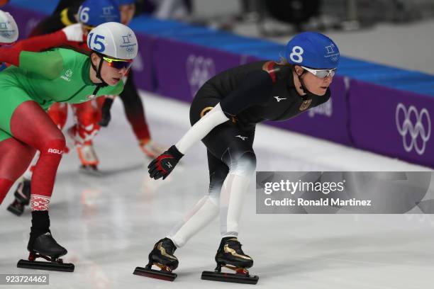 Claudia Pechstein of Germany competes during the Ladies' Speed Skating Mass Start Final on day 15 of the PyeongChang 2018 Winter Olympic Games at...