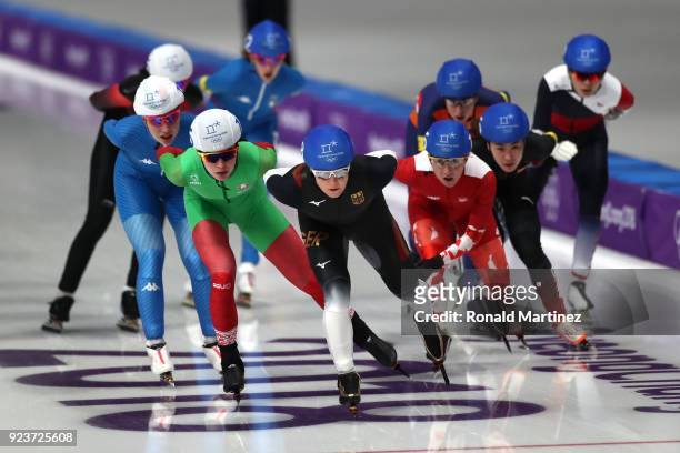 Claudia Pechstein of Germany competes during the Ladies' Speed Skating Mass Start Final on day 15 of the PyeongChang 2018 Winter Olympic Games at...
