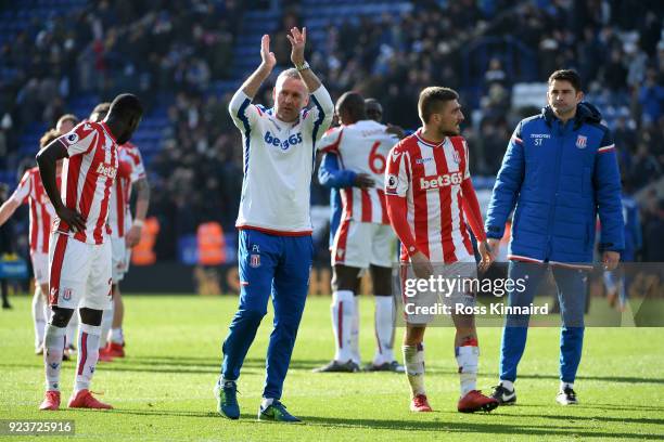 Paul Lambert, Manager of Stoke City applauds fans after the Premier League match between Leicester City and Stoke City at The King Power Stadium on...