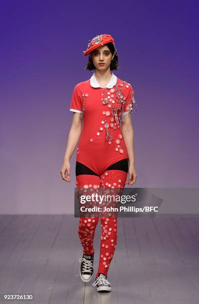 Model walks the catwalk during Nicopanda show the London Fashion Week Festival February 2018 on February 24, 2018 in London, United Kingdom.