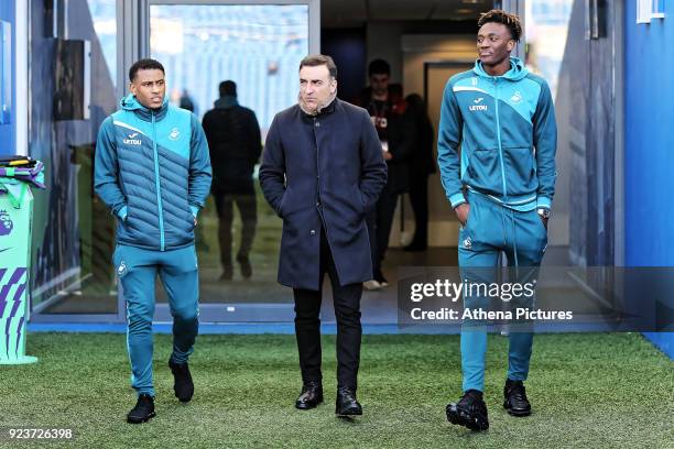 Luciano Narsingh, Swansea manager Carlos Carvalhal and Tammy Abraham of Swansea City walks on the pitch prior to the game during the Premier League...