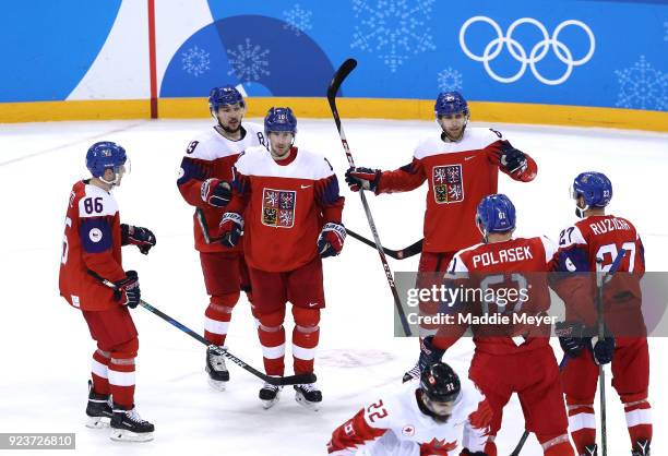 Roman Cervenka of the Czech Republic celebrates with teammates after scoring in the third period against Canada during the Men's Bronze Medal Game on...