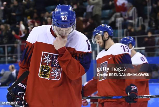 Czech Republic's Lukas Radil reacts after loosing the men's bronze medal ice hockey match between the Czech Republic and Canada during the...