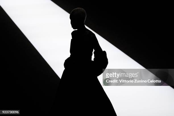 Model walks the runway at the Giorgio Armani show during Milan Fashion Week Fall/Winter 2018/19 on February 24, 2018 in Milan, Italy.