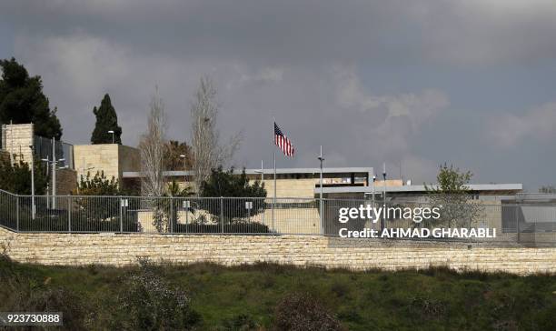 Picture taken on February 24 shows the US flag flying over the US consulate building complex in Jerusalem, which is considered one of the options to...