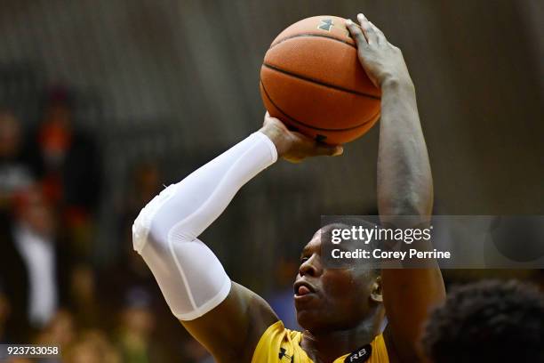 Saul Phiri of the La Salle Explorers shoots a free throw against the Rhode Island Rams during the second half at Tom Gola Arena on February 20, 2018...