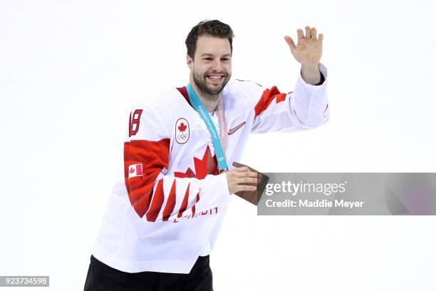 Bronze medal winner Marc-Andre Gragnani of Canada celebrates after defeating Czech Republic 6-4 during the Men's Bronze Medal Game on day fifteen of...
