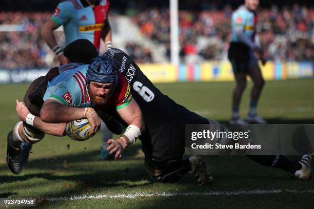 James Horwill of Harlequins scores a try during the Aviva Premiership match between Harlequins and Newcastle Falcons at Twickenham Stoop on February...