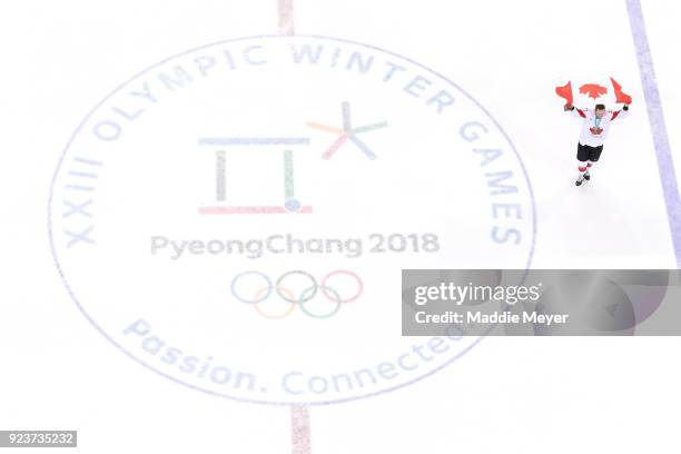 Bronze medal winner Cody Goloubef of Canada celebrates after defeating Czech Republic 6-4 during the Men's Bronze Medal Game on day fifteen of the...