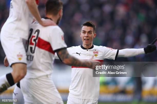 Erik Thommy of Stuttgart celebrates after he scored a goal to make it 1:0 during the Bundesliga match between VfB Stuttgart and Eintracht Frankfurt...