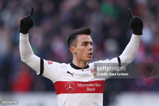 Erik Thommy of Stuttgart celebrates after he scored a goal to make it 1:0 during the Bundesliga match between VfB Stuttgart and Eintracht Frankfurt...