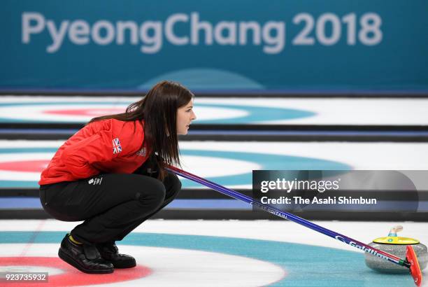 Eve Muirhead of Great Britain is seen in the 3rd end during the Curling Womens' bronze Medal match between Great Britain and Japan on day fifteen of...