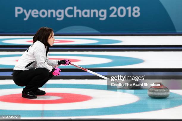 Satsuki Fujisawa of Japan is seen in the 3rd end during the Curling Womens' bronze Medal match between Great Britain and Japan on day fifteen of the...