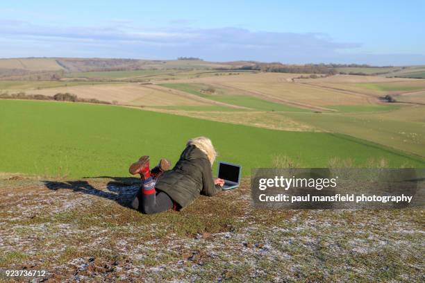 mature lady lying down using laptop outdoors - south downs national park stock pictures, royalty-free photos & images