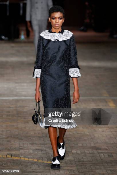 Model walks the runway at the Antonio Marras show during Milan Fashion Week Fall/Winter 2018/19 on February 23, 2018 in Milan, Italy.