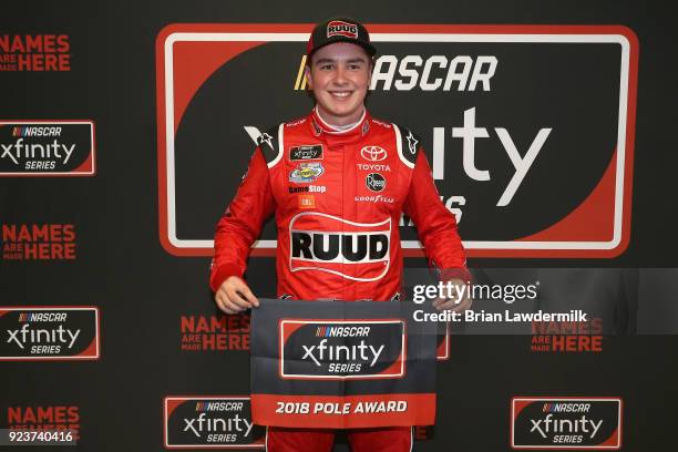 Christopher Bell, driver of the Ruud Toyota, poses with the Pole Award after qualifying for the pole position for the NASCAR Xfinity Series Rinnai...