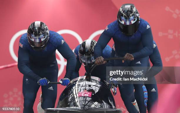 The British Bobsleigh driven by Lamin Deen competes in Heat 1 of the 4-Man Bobsleigh at Olympic Sliding Centre on February 24, 2018 in...