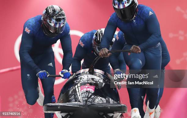 The British Bobsleigh driven by Lamin Deen competes in Heat 1 of the 4-Man Bobsleigh at Olympic Sliding Centre on February 24, 2018 in...