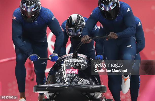 The British Bobsleigh driven by Lamin Deen competes in Heat 1 of the 4-Man Bobsleigh at Olympic Sliding Centre on February 24, 2018 in...