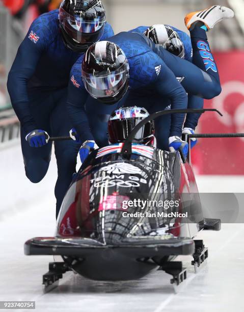 The British Bobsleigh driven by Lamin Deen competes in Heat 1 of the 4-Man Bobsleigh at Olympic Sliding Centre on February 24, 2018 in...