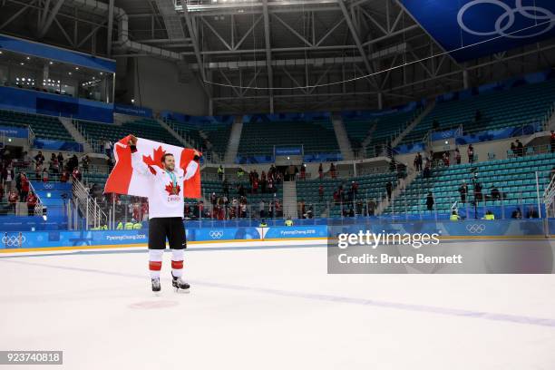 Bronze medal winner Cody Goloubef of Canada celebrates after defeating Czech Republic 6-4 during the Men's Bronze Medal Game on day fifteen of the...