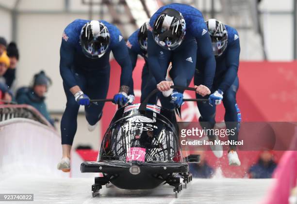 The British Bobsleigh driven by Brad Hall competes in Heat 1 of the 4-Man Bobsleigh at Olympic Sliding Centre on February 24, 2018 in...