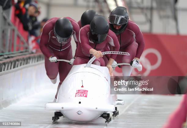 The Athletes of Russia Bobsleigh driven by Maxim Adrianov competes in Heat 1 of the 4-Man Bobsleigh at Olympic Sliding Centre on February 24, 2018 in...