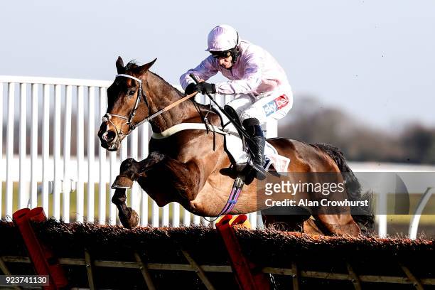 Daryl Jacob riding Global Citizen clear the last to win The Sky Bet Dovecote Novices' Hurdle Race at Kempton Park racecourse on February 24, 2018 in...